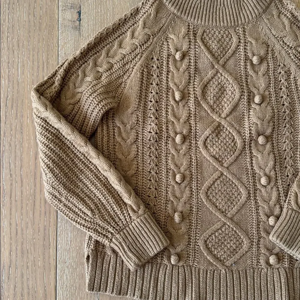 J.Crew Lambswool Blend Pom Pom Cable Knit Sweater XS Camel